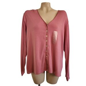WORTHINGTON NEW Stretch 1X Rose Pink V-Neck Button Front Cardigan Satin Trim Mom